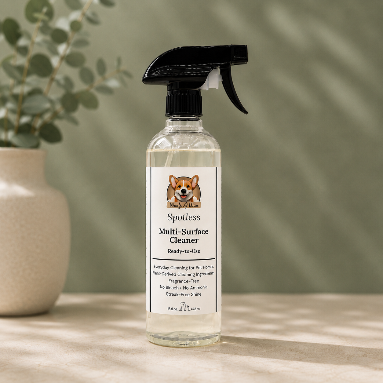 A clear spray bottle of Spotless Multi-Surface Cleaner with a black trigger sprayer and a white label featuring a dog illustration, set on a beige surface with a blurred potted plant in the background.