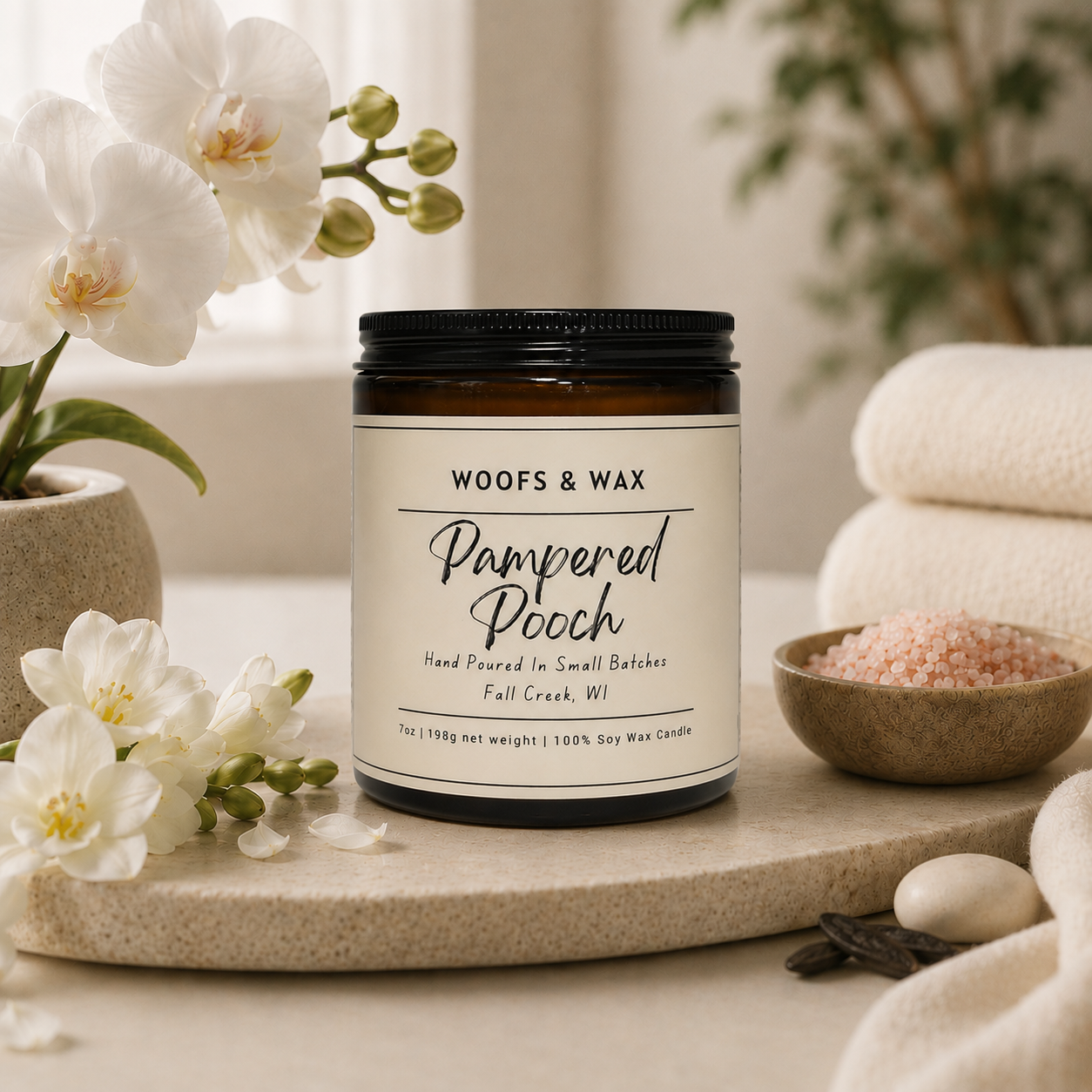 Candle labeled 'Pampered Pooch' by Woofs & Wax on a decorative surface with flowers and a bowl of sea salt.