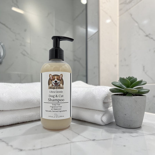 Dog and cat shampoo bottle on a bathroom counter with towels and a plant in the background