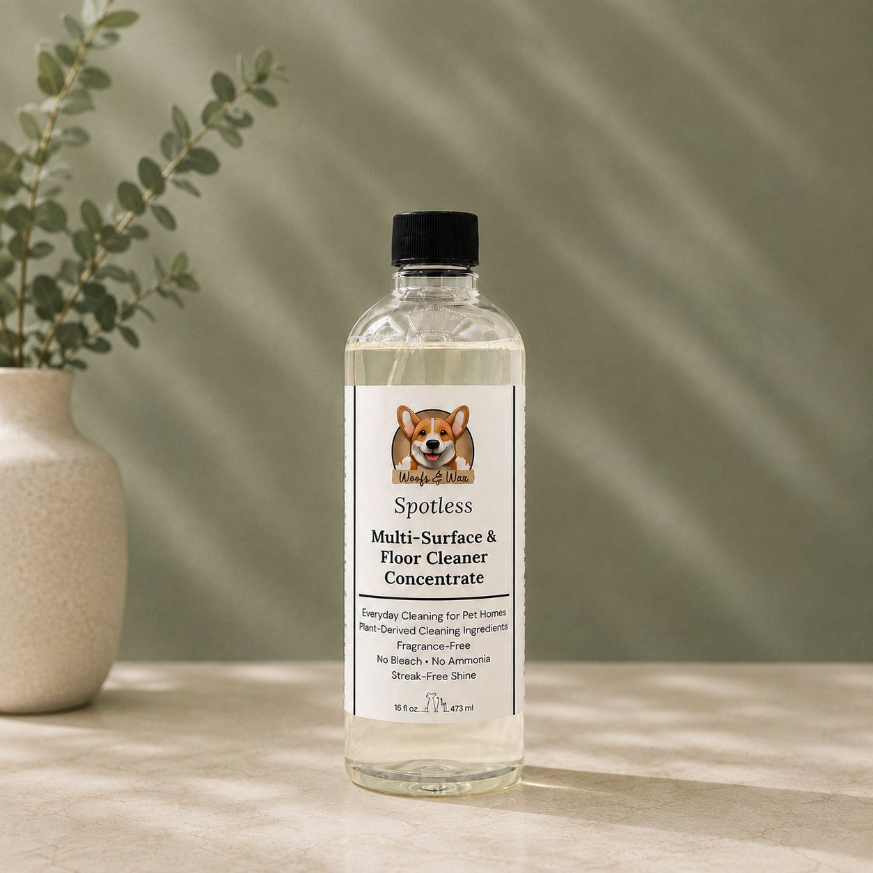Bottle of Spotless Multi Surface cleaning spray on a cream counter with a sage green background and a plant.
