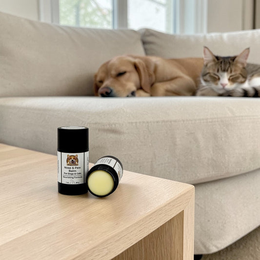 Two bottles of pet product on a coffee table with a dog and cat in the background.