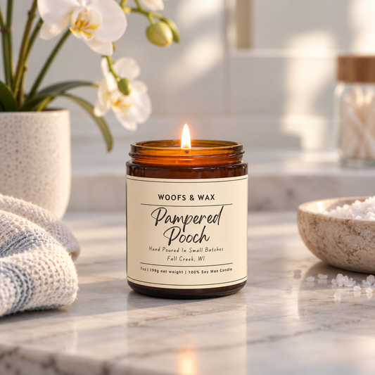 A lit amber glass jar candle sits on a marble surface in a styled bathroom-like setting, with a potted orchid, towel, bowl of salt, and blurred jar in the background. The label reads Woofs & Wax Pampered Pooch.
