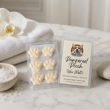 Pampered Pooch wax melts packaging with a towel and orchid in the background