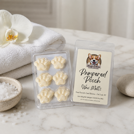 Pampered Pooch wax melts packaging with a towel and orchid in the background