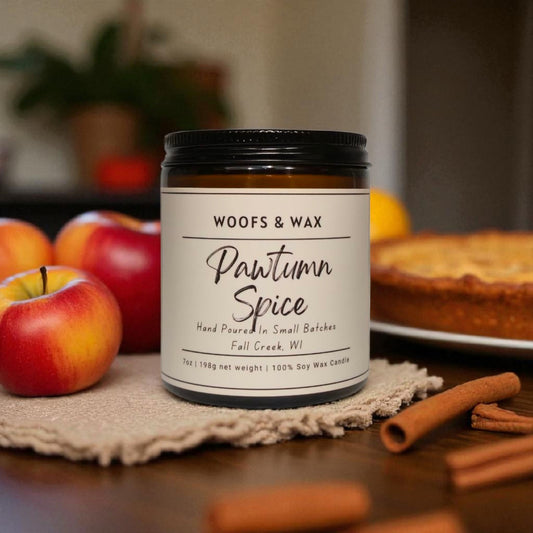 Candle labeled 'Pawtumn Spice' by Woofs & Wax on a table with apples, cinnamon sticks, and a pie.