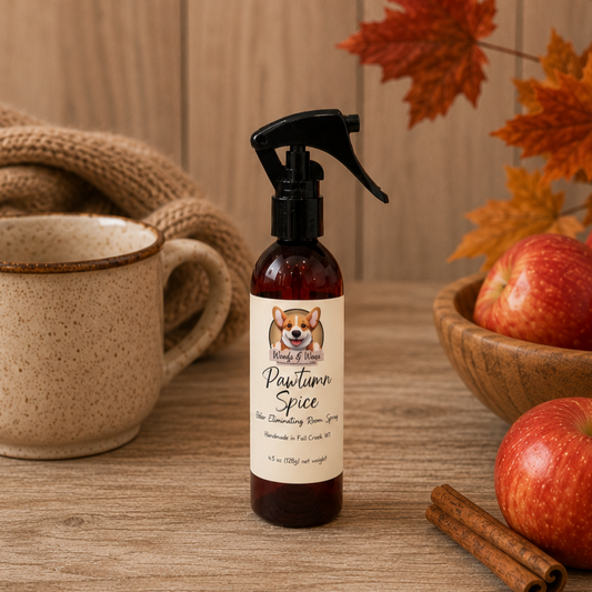 Bottle of 'Pawtumn Spice' spray on a wooden surface with apples and cinnamon sticks.