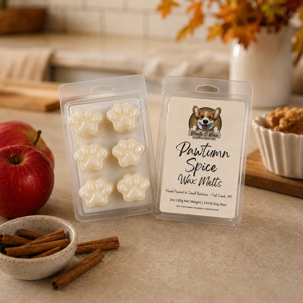 Packaged 'Autumn Spice' wax melts with a dog-themed label on a kitchen counter.