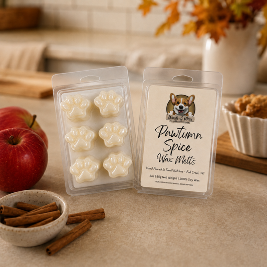 Packaged 'Autumn Spice' wax melts with a dog-themed label on a kitchen counter.