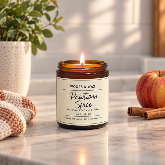 A lit amber glass jar candle labeled 'Woofs & Wax Pawtumn Spice' sits on a marble countertop with a potted plant, apple, and cinnamon sticks around it.