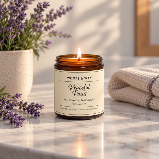 A lit amber glass jar candle labeled 'Woofs & Wax Peaceful Paws' sits on a marble surface with lavender flowers and a folded beige towel nearby in a softly lit indoor setting.