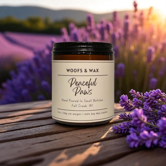 Candle jar labeled 'Woofs & Wax Peaceful Paws' on a wooden surface with lavender flowers in the background.