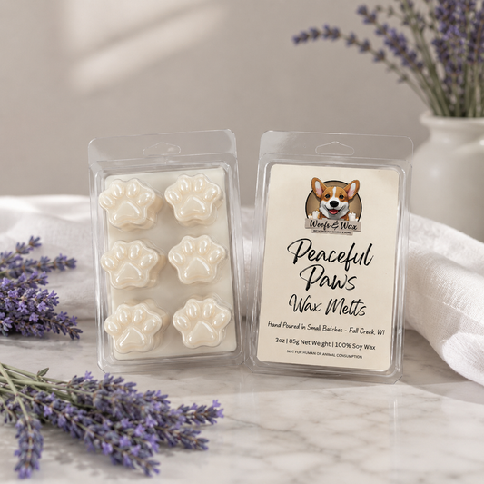 Packaged wax melts with paw designs and a label for 'Peaceful Paws Wax Melts' on a marble surface with lavender flowers.