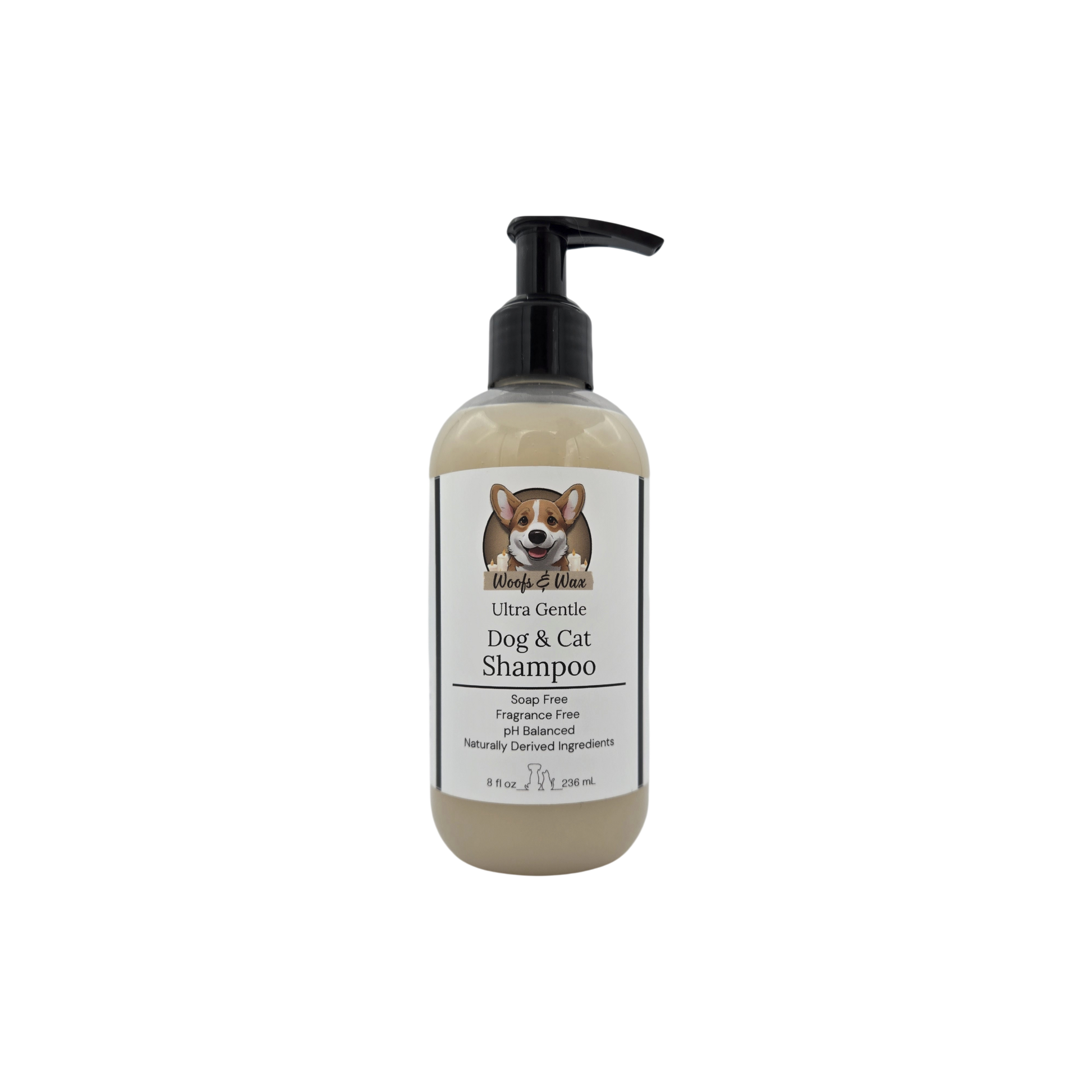 Bottle of dog and cat shampoo with a pump on a white background