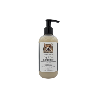 Bottle of dog and cat shampoo with a pump on a white background