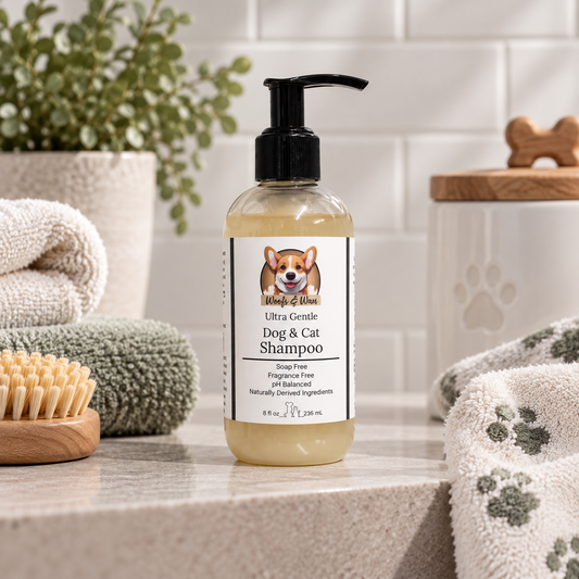 A bottle of Woofs & Wax Ultra Gentle Dog & Cat Shampoo stands on a stone countertop in a bathroom setting, surrounded by folded towels, a wooden brush, and a plant.