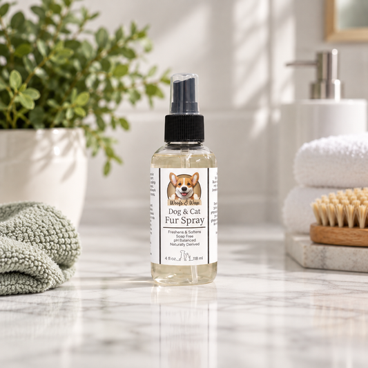 A bottle of Dog & Cat Fur Spray by Woofs & Wax stands on a marble bathroom counter, surrounded by a green plant, a folded green towel, and toiletries in the background.