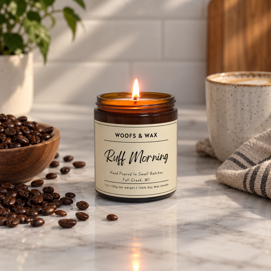 A lit amber candle jar with the label "Woofs & Wax Ruff Morning" on a marble counter with coffee beans, a plant, and towel.
