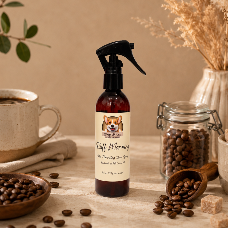 Room spray product labeled 'Ruff Morning' on a table with coffee beans, a cup, and decorative elements.