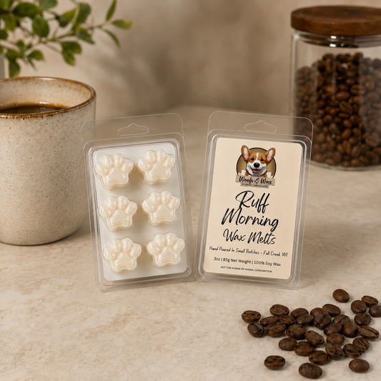 Wax melts packaging with paw designs, a mug, and coffee beans on a neutral background
