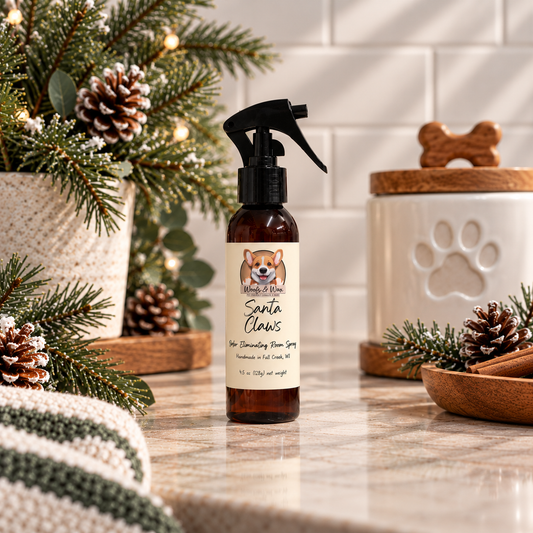 A bottle of Santa Claws room spray stands on a marble countertop in a styled kitchen scene with holiday greenery, pinecones, and a ceramic pet treat container.