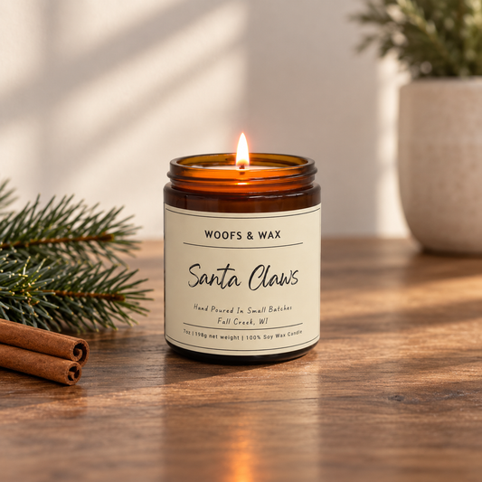 A lit amber glass jar candle labeled 'Santa Claws' by Woofs & Wax, placed on a wooden surface with pine branches and cinnamon sticks nearby.