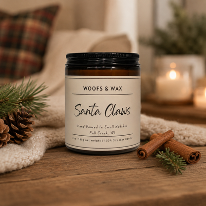 Candle jar labeled 'Woofs & Wax Santa Claws' on a wooden surface with decorative elements.