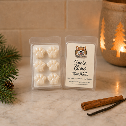 Two packages of 'Santa Claws' wax melts with a dog illustration on a marble surface with Christmas decor.