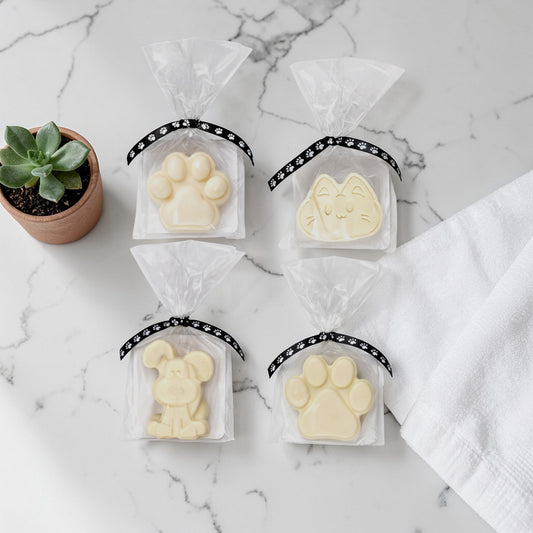 Four small packages of shampoo bars with animal-shaped soap on a marble surface.