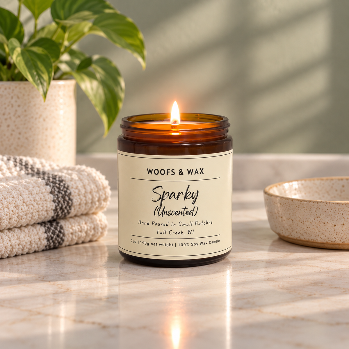 A lit amber glass jar candle with a cream label reading 'WOOFS & WAX Sparky (Unscented)' sits on a marble countertop. A folded cream knit towel, a potted green plant, and a speckled ceramic bowl are nearby in a softly lit kitchen-like setting.