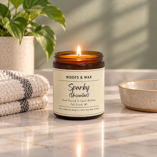 A lit amber glass jar candle with a cream label reading 'WOOFS & WAX Sparky (Unscented)' sits on a marble countertop. A folded cream knit towel, a potted green plant, and a speckled ceramic bowl are nearby in a softly lit kitchen-like setting.