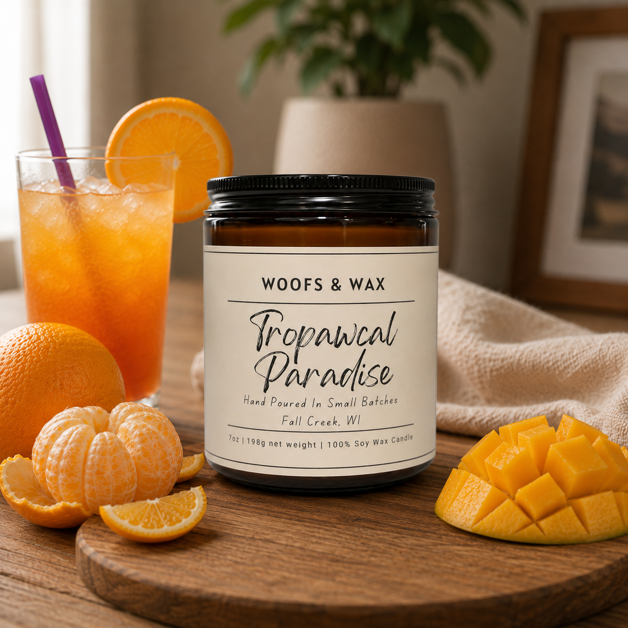 Woofs & Wax Tropawcal Paradise candle on a wooden table with oranges and a drink.