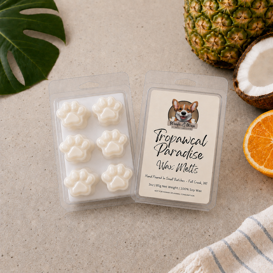 Tropical-themed wax melts packaging with paw prints on a neutral background.