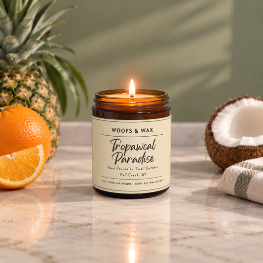 A lit amber glass jar candle labeled 'Woofs & Wax Tropawcal Paradise' sits on a marble surface with pineapple, orange slices, a coconut half, and a folded towel in the background.