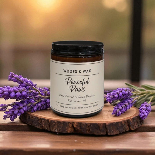 Candle labeled 'Woofs & Wax Peaceful Paws' with lavender flowers on a wooden surface.