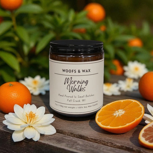 Candle jar labeled 'Woofs & Wax Morning Walks' surrounded by oranges and flowers on a wooden surface.