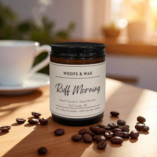 Candle jar labeled 'Woofs & Wax Ruff Morning' on a wooden surface with coffee beans and a cup in the background.