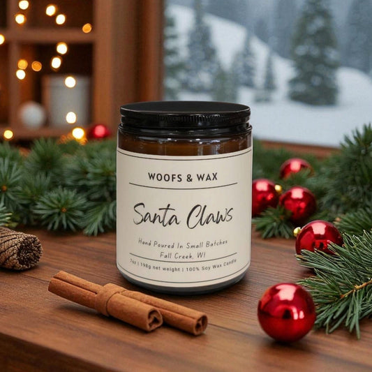 Candle labeled 'Woofs & Wax Santa Claws' on a wooden surface with Christmas decorations.